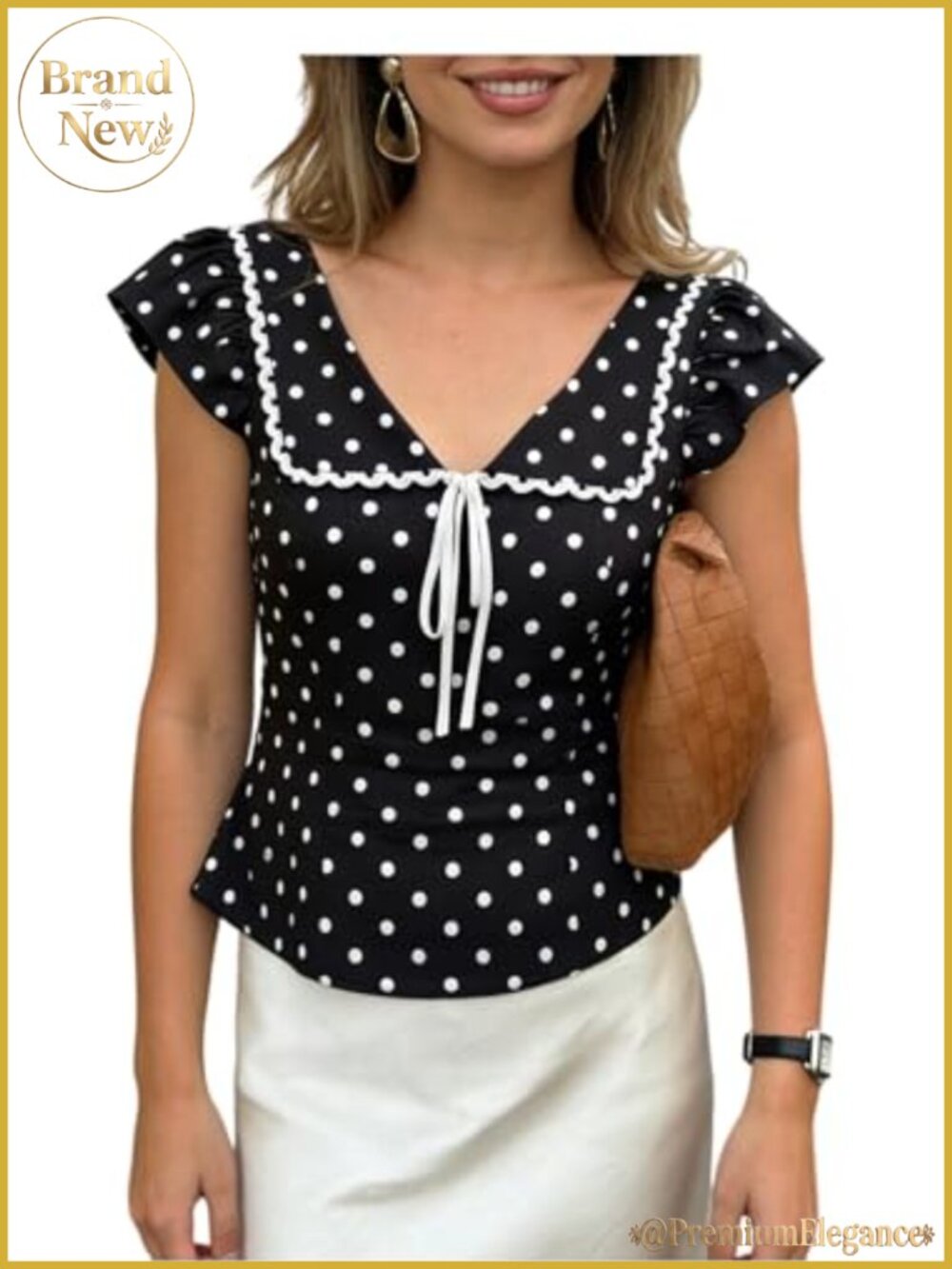 Polka Dots V Neck Blouse with Bow Tie Short Sleeve Dressy Top